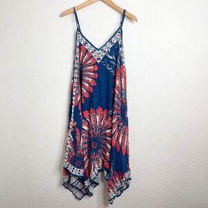 Jealous Tomato Women's M Blue Red Feather Print V Neck A Line Midi Dress